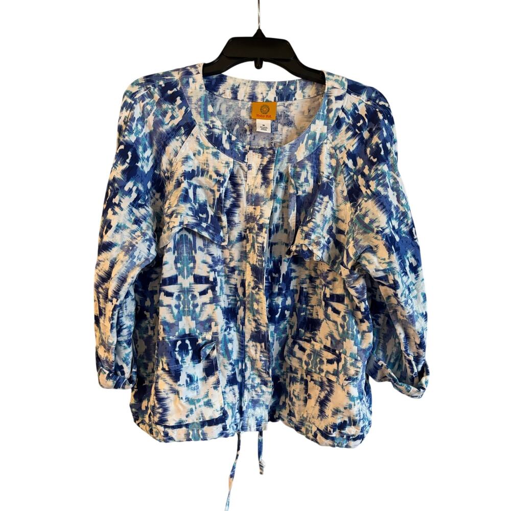 Ruby Rd. Women’s Linen Blend Lightweight Jacket Snap Button Tie Dye Blue Size 16